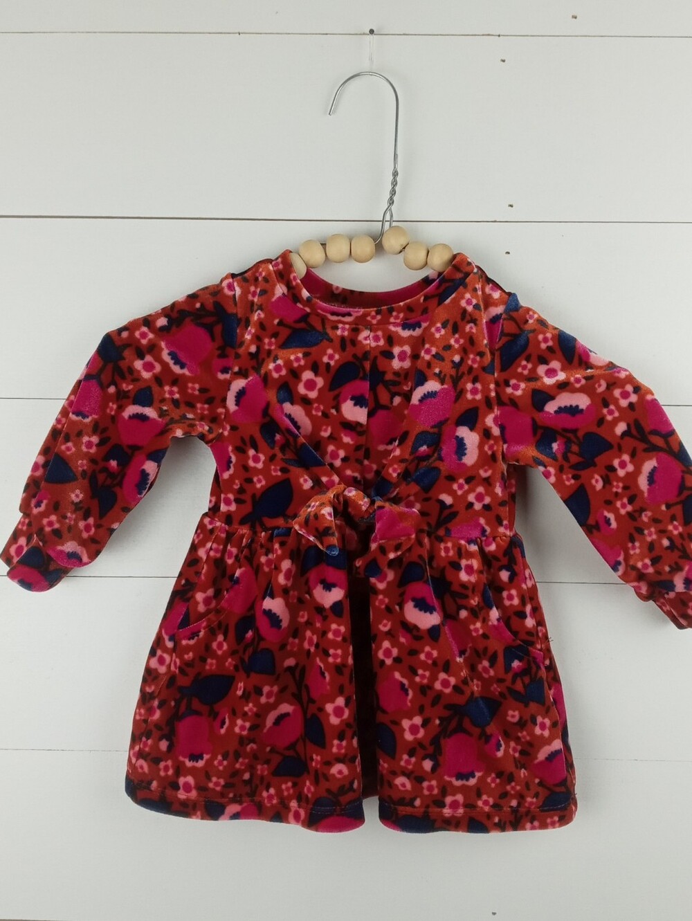 Cat & Jack girls 12 mos bright boho floral design velour dress tie on waist